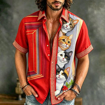 Cardydony Men's Cat Collection Cute Cats Behind The Red Door Inspired Art Flowy Linen Blend Shirt