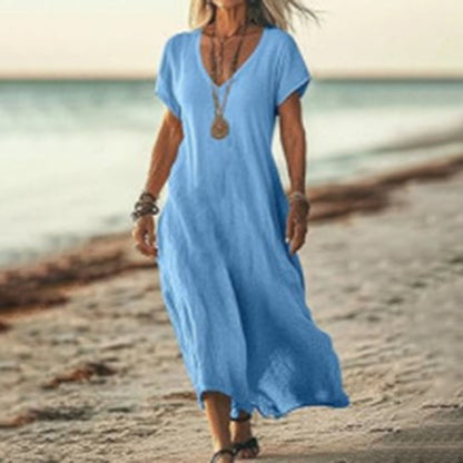 Cardydony Women's Solid Color V-neck Linen Blend Short Sleeve Dress