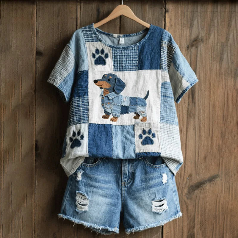 Cardydony Women's Retro Patchwork Dachshund Print T-shirt
