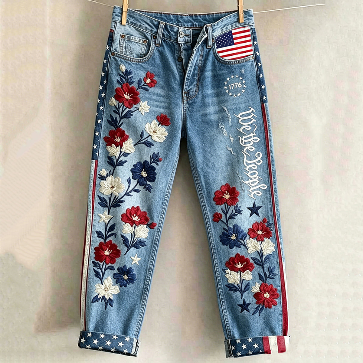 Cardydony Women's Retro Independence Day Floral Print Jeans