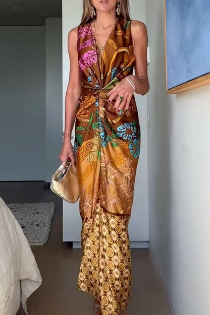 Cardydony Women's Naturally Inspired Satin Unique Floral Print Twist Waist Slit Drape Maxi Dress