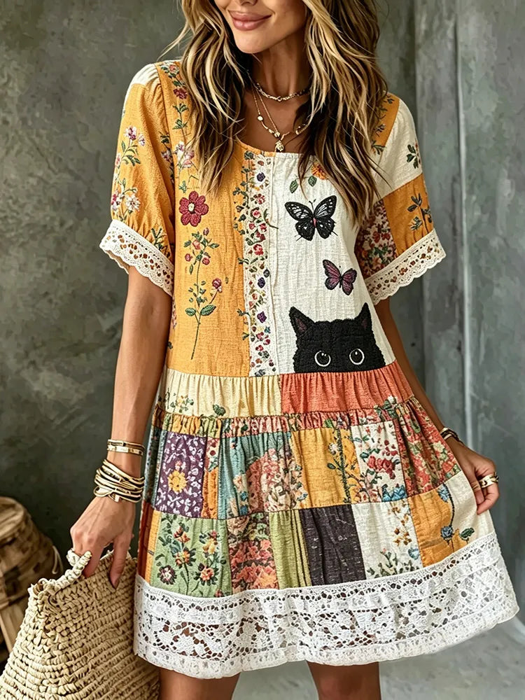 Cardydony Women's Hippie Black Cat Art Embroidered Linen Blend Round Neck Mini Dress