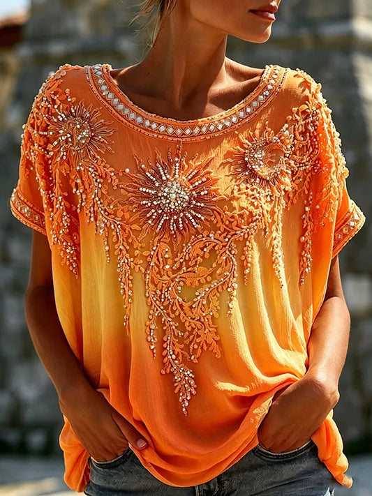 Cardydony Women's Vintage Sun And Moon Art Cotton And Linen Crew Neck Short-sleeved Top