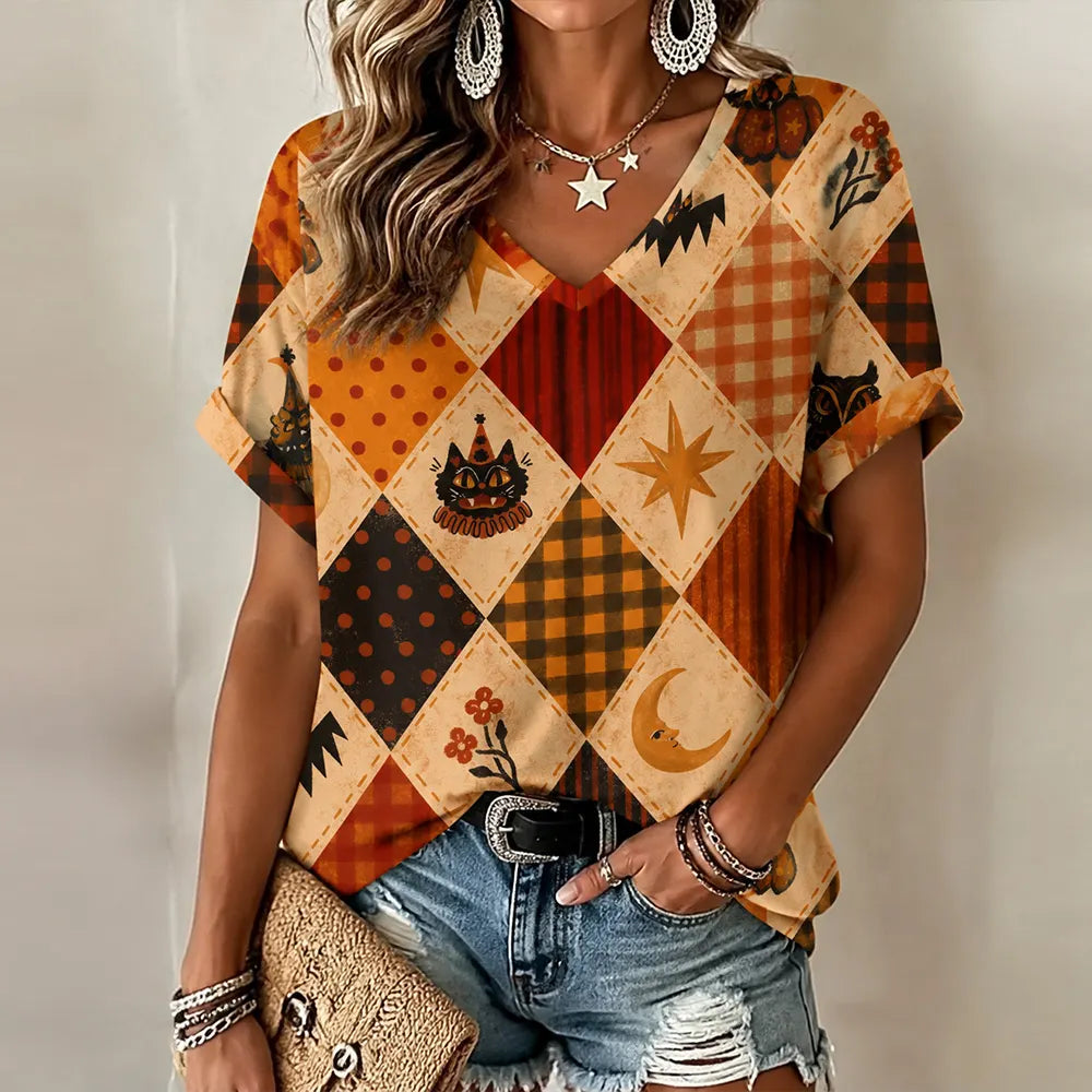 Cardydony Women's Halloween Circus Cat Patchwork Art Print Casual Top