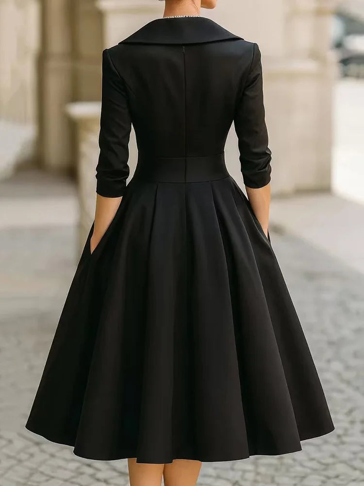 Cardydony Vintage-inspired Satin Midi Dress With Draped Collar