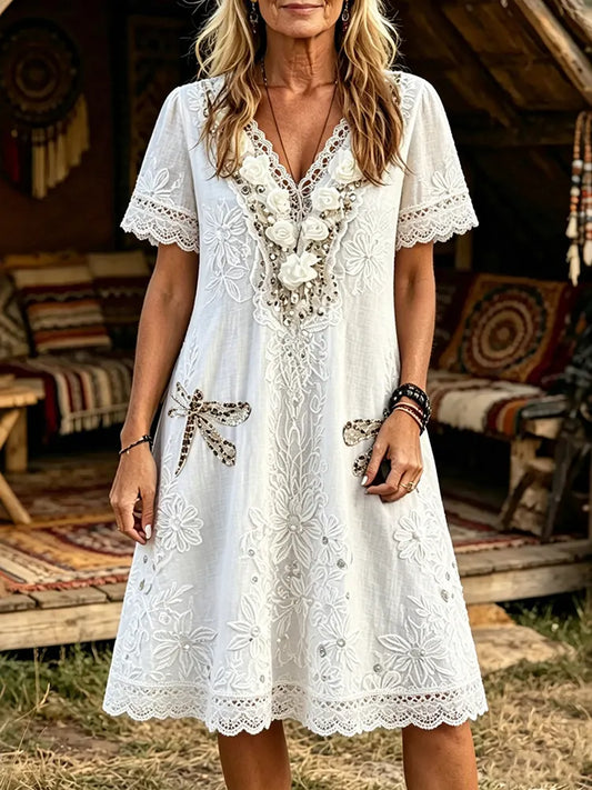 Cardydony Women's Retro Vacation Floral Dragonfly Design Linen Dress