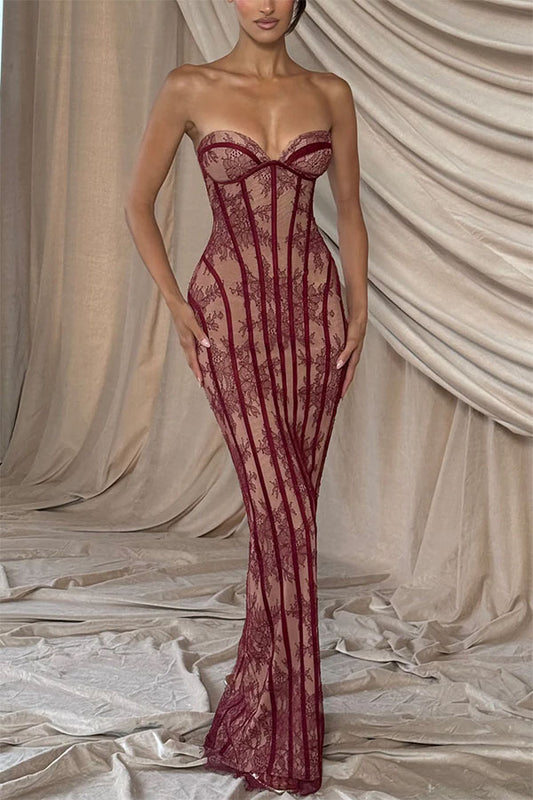 Cardydony Women's Sian Floral Lace Contrast Structural Detail Back Lace-up Strapless Slit Maxi Dress