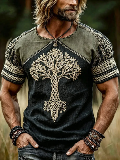 Cardydony Men's Retro Viking Life Of Tree Celtic Pattern Casual Round Neck Cotton And Linen Shirt