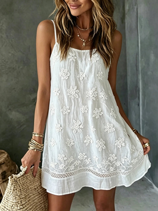 Cardydony Women's White Rose Art Embroidered Linen Blend Camisole Mini Dress