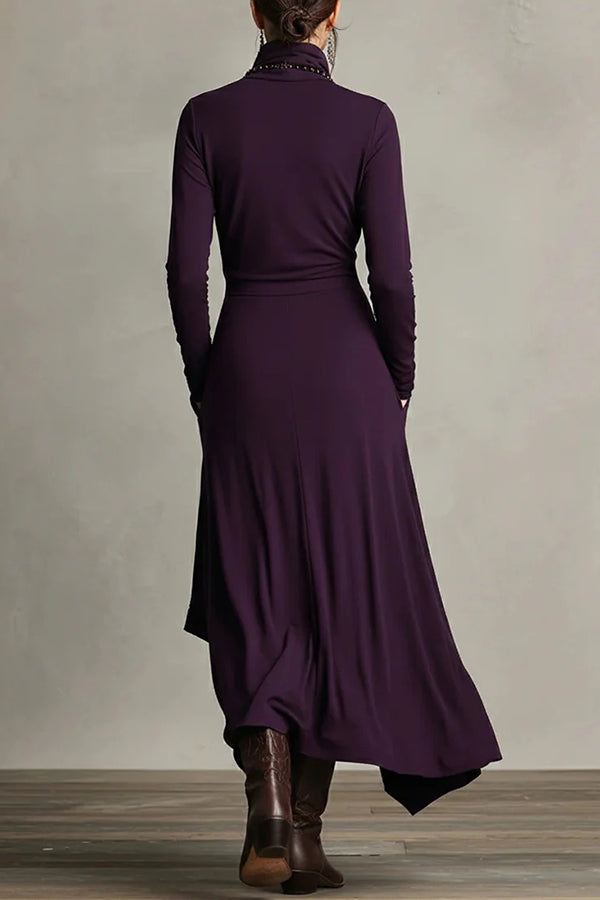Cardydony Women's Solid Color High-neck Long-sleeved Irregular Casual Maxi Dress