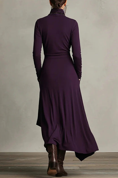 Cardydony Women's Solid Color High-neck Long-sleeved Irregular Casual Maxi Dress