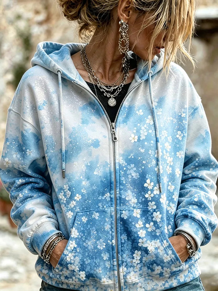 Cardydony Women's Boho Sky Blue Gradient Shimmering White Floral Print Loose Casual Zip-up Hoodie
