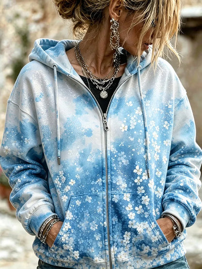 Cardydony Women's Boho Sky Blue Gradient Shimmering White Floral Print Loose Casual Zip-up Hoodie