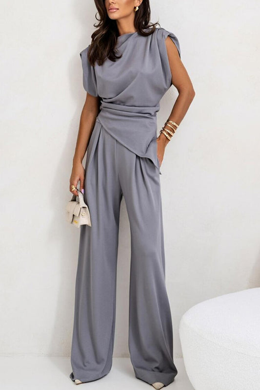 Cardydony Women's Jordy Ruched Shoulder Slit Top and Elastic Waist Pocketed Wide Leg Pants Set