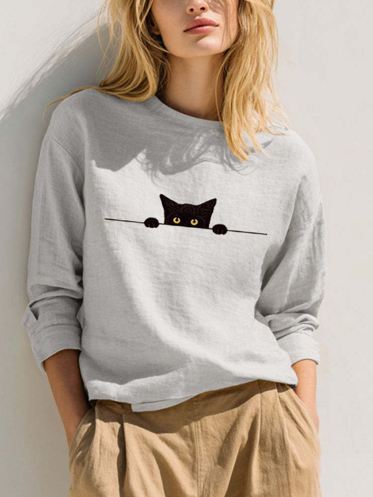 Cardydony Women's Casual Funny Black Cat Print T-shirt