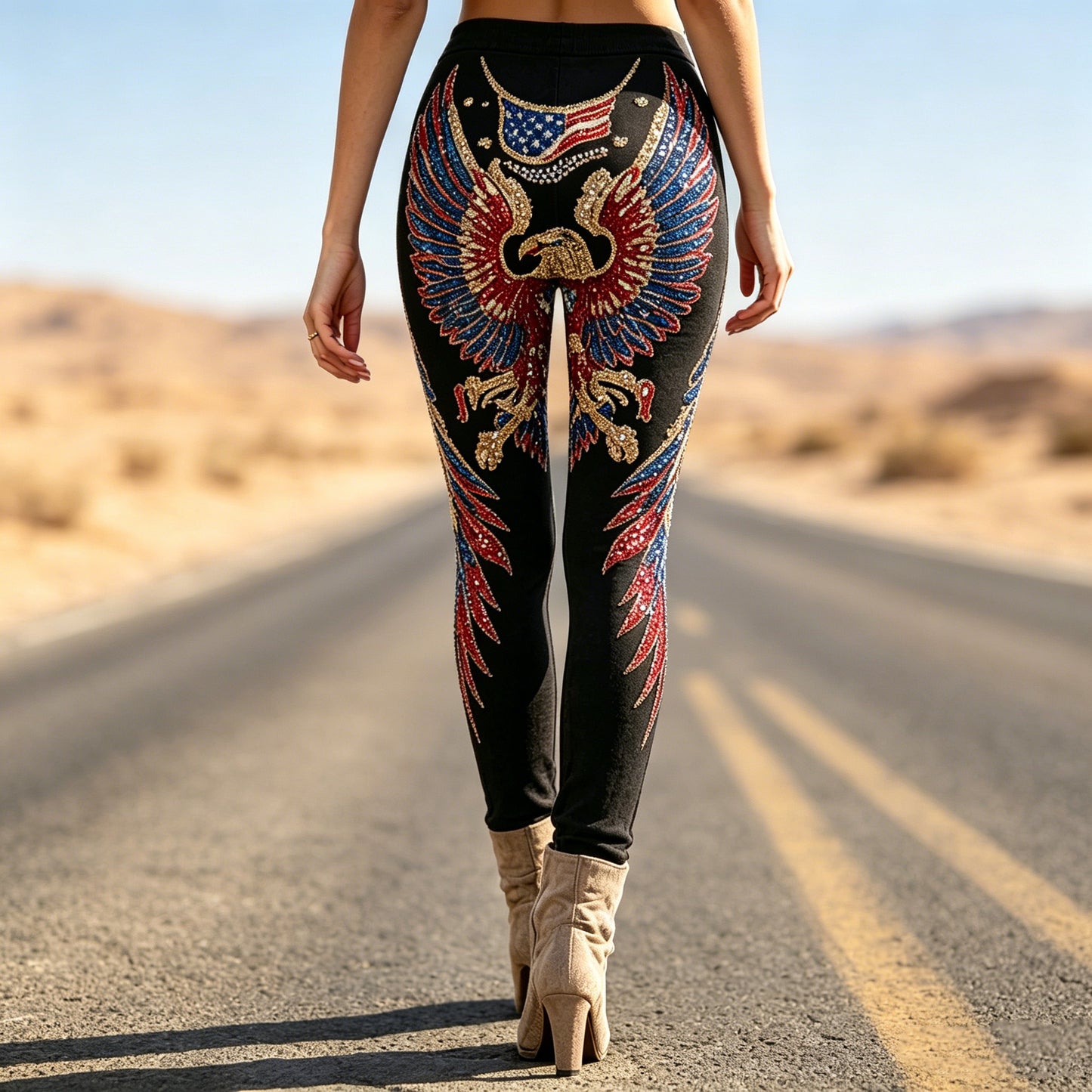 Cardydony Women's Retro Independence Day Flag & Eagle Print Leggings