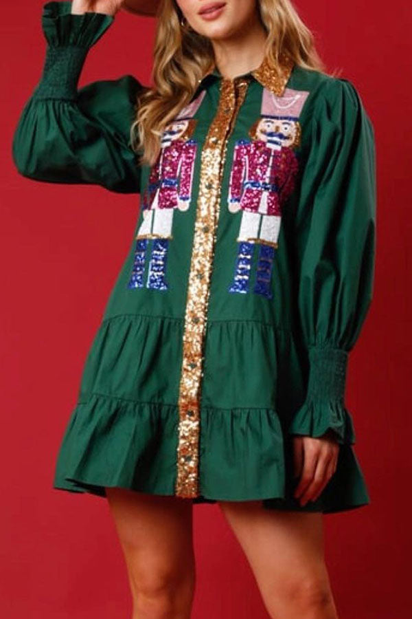 Cardydony Women's Nutcracker Sequined Button Down Long Sleeve Mini Dress