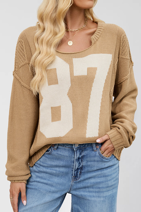 Cardydony Women's Fashionable Digital Jacquard Loose Long-sleeved Knit Sweater