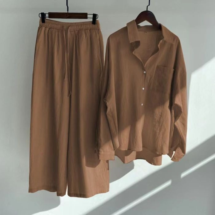 Cardydony Women's Vintage Flower Embroidery Cotton Linen Shirt And Pants Two-piece Set