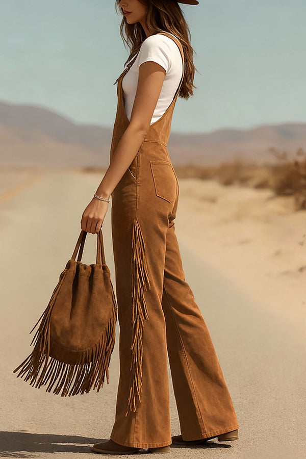 Cardydony Women's Stylish Suede Tassel Button Pocket Casual Wide-leg Overalls