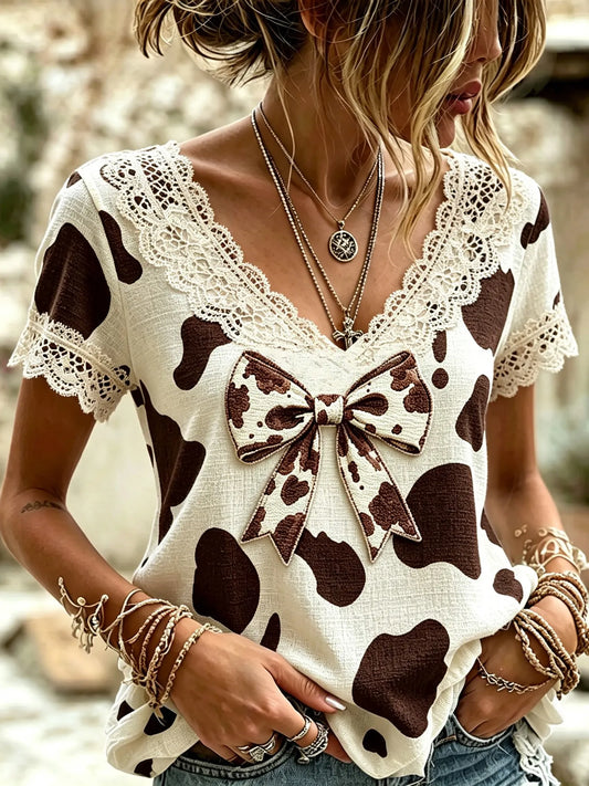 Cardydony Women's Retro Farm Style Animal Print V-neck Top