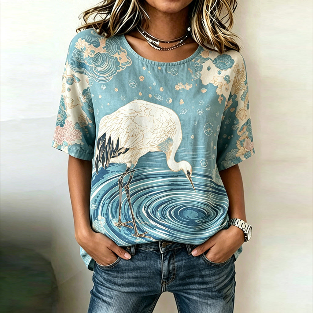 Cardydony Women's Vintage Japanese Crane Print Casual Linen-blend T-shirt