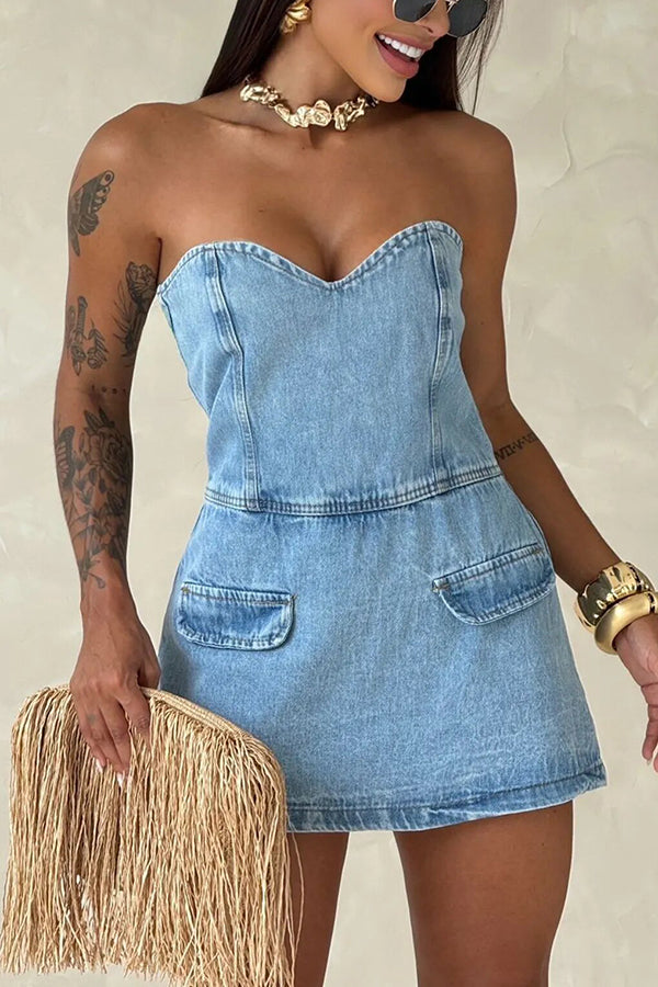 Cardydony Women's  Avantie Denim Off Shoulder Back Smocked Zipper Romper