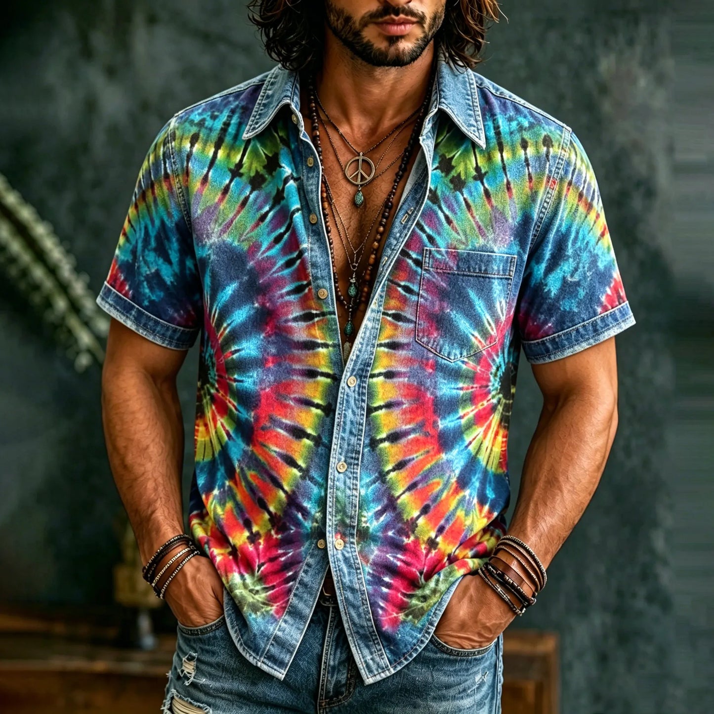Cardydony Men's Retro Hippie Rainbow Tie-dye Graffiti Art Pattern Casual Washed Shirt