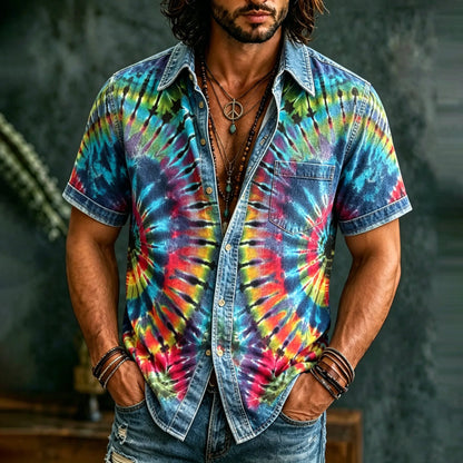 Cardydony Men's Retro Hippie Rainbow Tie-dye Graffiti Art Pattern Casual Washed Shirt