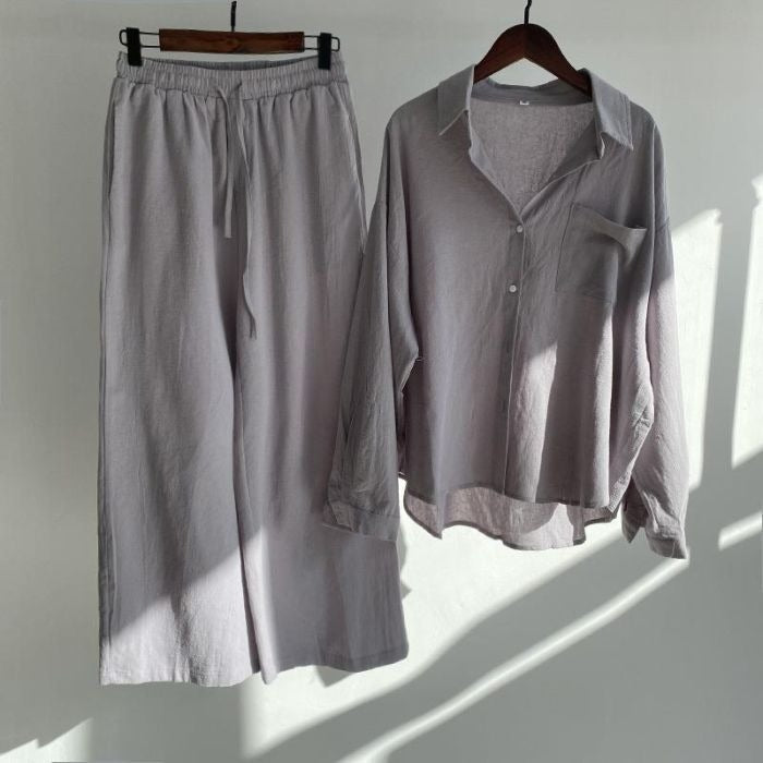 Cardydony Women's Vintage Flower Embroidery Cotton Linen Shirt And Pants Two-piece Set