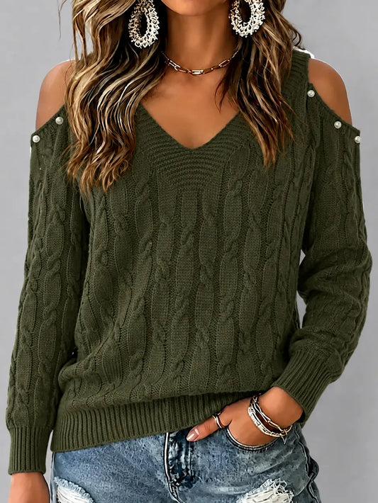 Cardydony Women's Vintage Solid Color V-neck Off The Shoulder Knit Sweater
