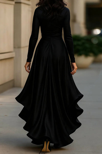 Cardydony Women's Solid Color Satin V-neck Long-sleeved Elegant Ruffled Maxi Dress