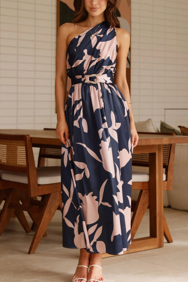 Cardydony Women's Unique Printed One-Shoulder Belt Casual Holiday Maxi Dress