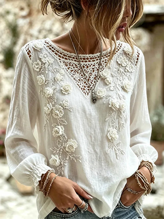 Cardydony Women's Retro Floral Art Linen Blend Round Neck Long Sleeve Tops