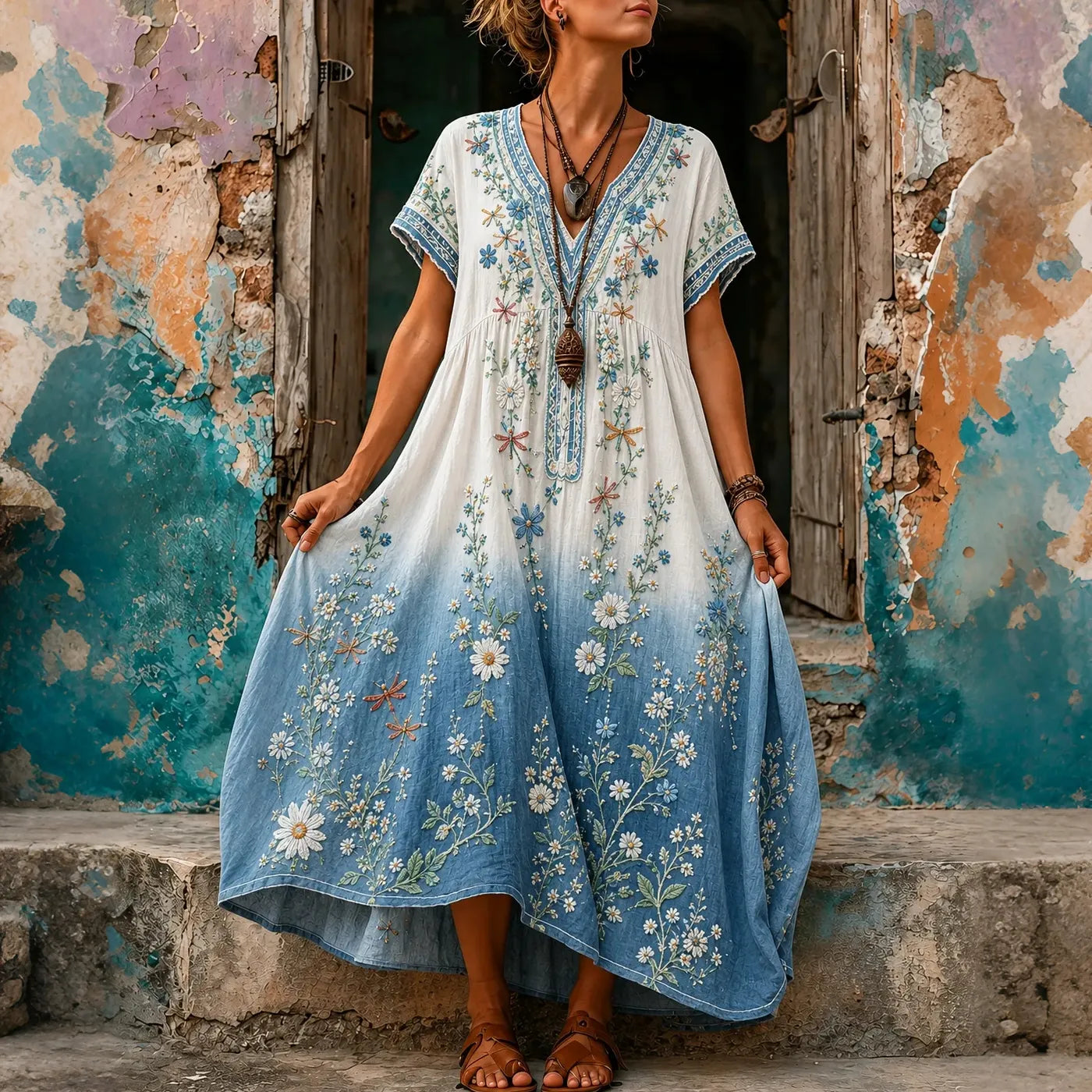 Cardydony Women's Retro Hippie Floral Pattern Art Embroidered Linen Blend Maxi Dress
