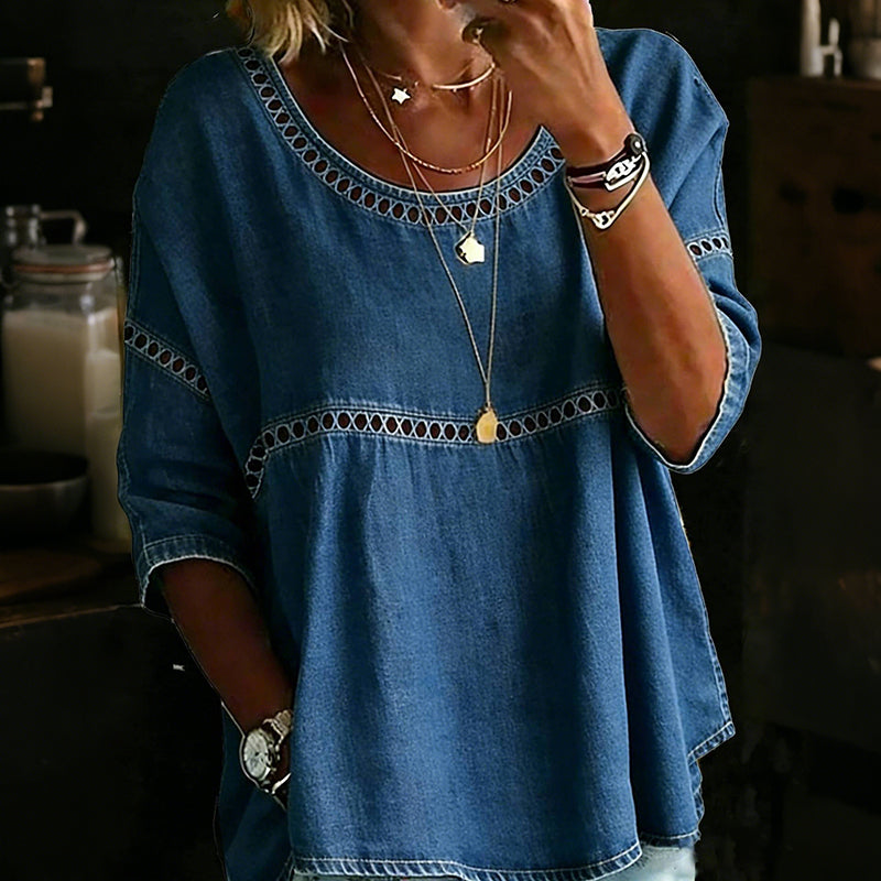 Cardydony Casual Hollowed-out Lace Patchwork Round Neck Top