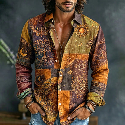Cardydony Men's Mystical Hippie Style Peacock Sun And Moon Art Print Long Sleeve Shirt