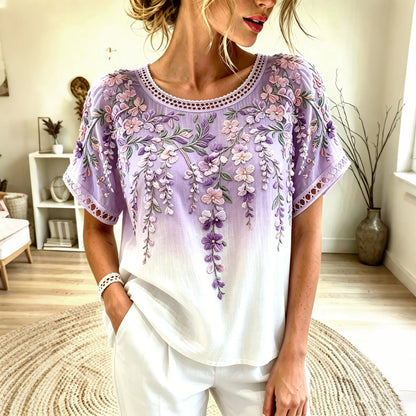 Cardydony Women's Retro Wisteria Orchid Embroidery Cotton Linen Casual Round Neck T-shirt