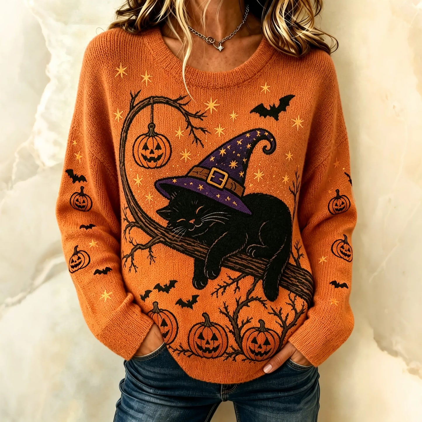 Cardydony Women's Retro Halloween Lazy Black Cat Print Cozy Knit Crew Neck Sweater
