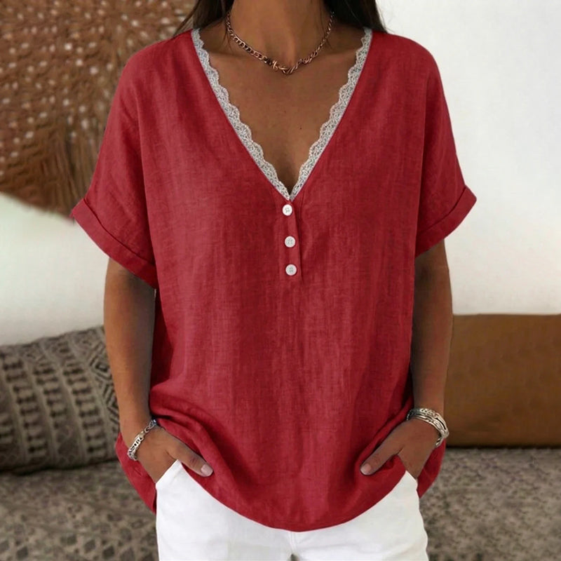Cardydony Women's Solid Color Lace V-neck Short Sleeve Linen Blend T-shirt