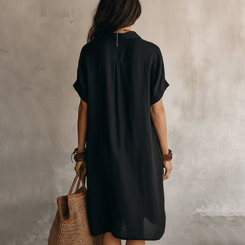 Cardydony Women's Solid Color Boho Effortless Black Linen Relaxed Midi Dress