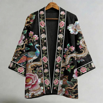 Cardydony Japanese Peacock And Floral Motif Art Linen Kimono