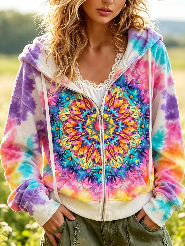 Cardydony Women's Full-zip Hoodie Sweatshirt With Colorful Tie-dye And Vibrant Mandala Floral Art Print