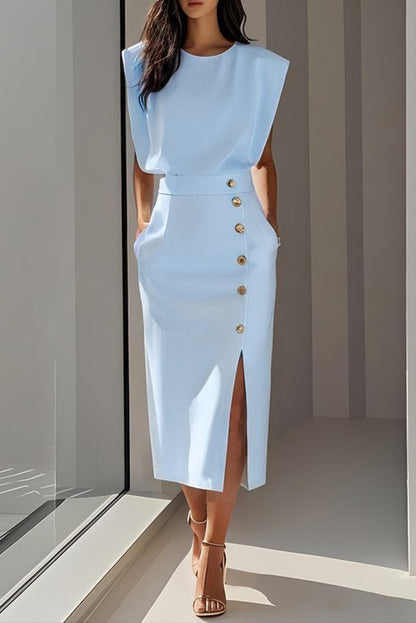 Cardydony Women's Solid Color Round Neck Sleeveless Button Slit Midi Dress