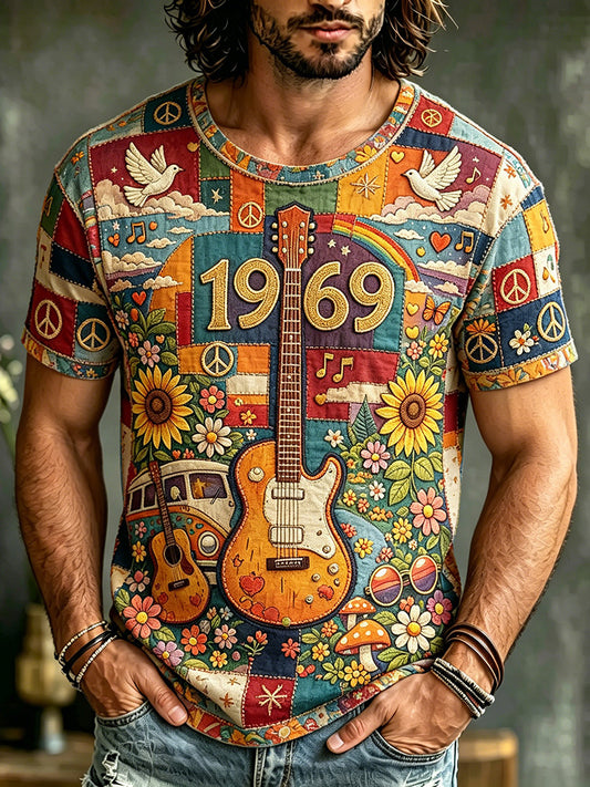 Cardydony Men's Retro Hippie Peace Logo Floral Guitar Patchwork Print T-shirt