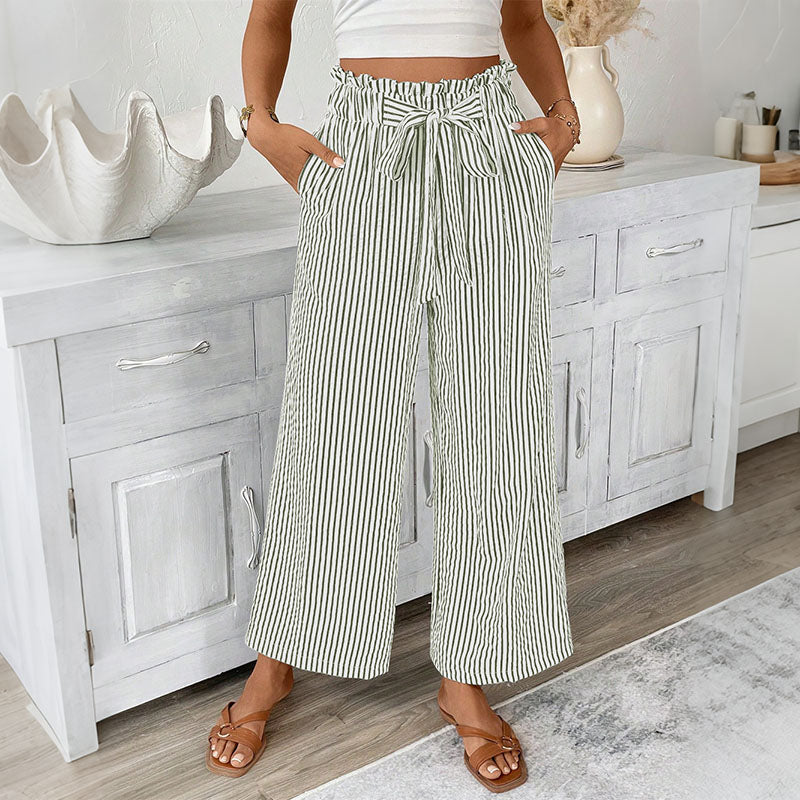 Cardydony Casual Bud Waistband Striped Straight Linen Pants