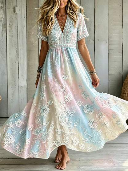 Cardydony Women's Floral In Macarons Colorful Art Embroidered Linen Blend V Neck Maxi Dress