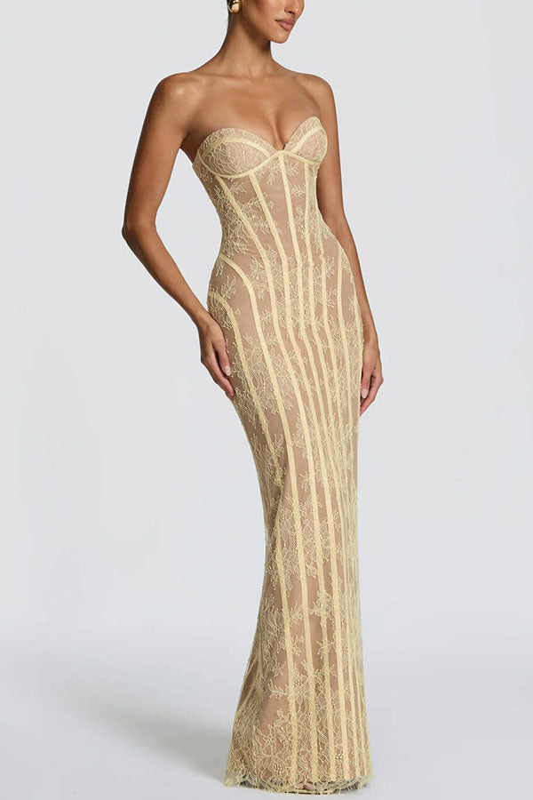 Cardydony Women's Summer Colour Sian Floral Lace Contrast Structural Detail Back Lace-up Strapless Slit Maxi Dress