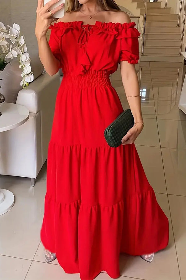 Cardydony Women's Admit Your Feelings Off Shoulder Smocked Waist Maxi Dress