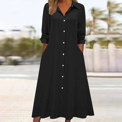 Cardydony Women's Retro Solid Color Collared Long-sleeved Pocket Shirt Dress